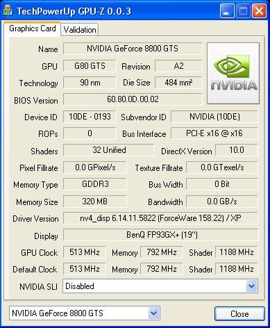 GPU-Z pe o Gainward 8800GTS 320 MB