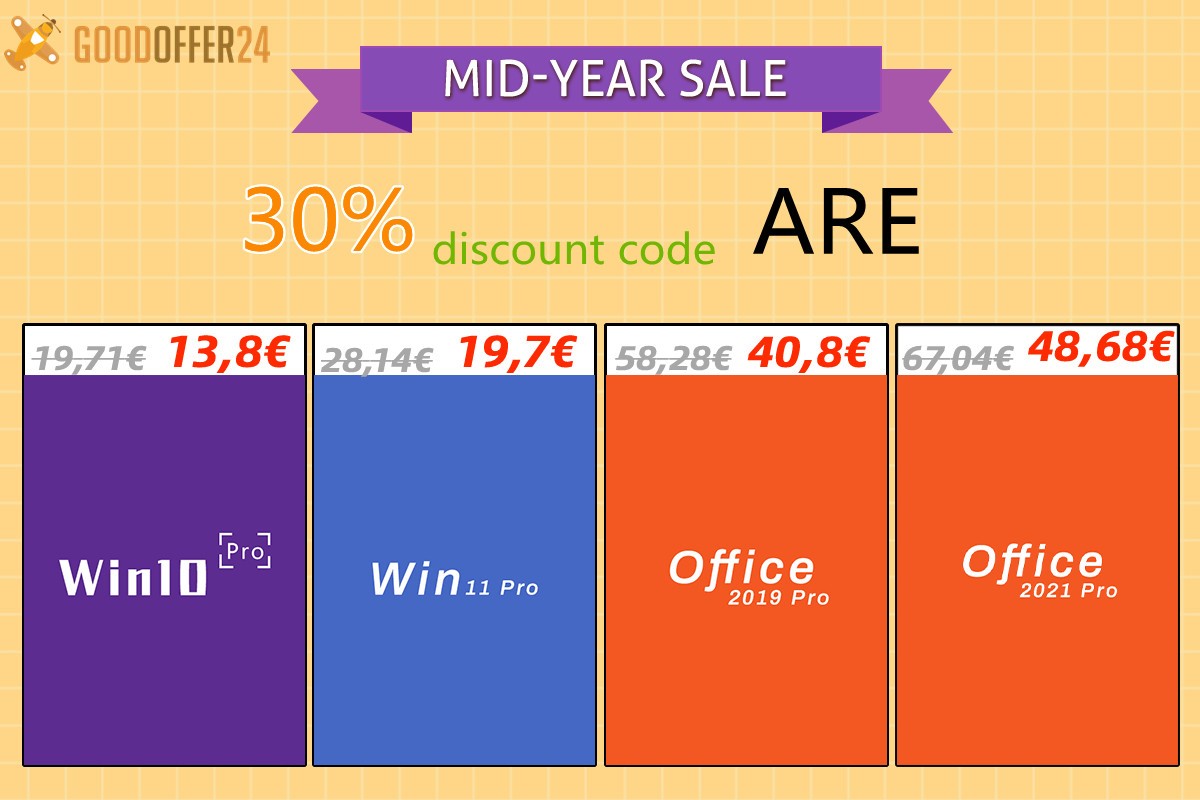 Mid-Year Sale: Pana la 91% reducere la licentele - Windows 10 Pro la 13€ si pachet Office la doar 24 euro